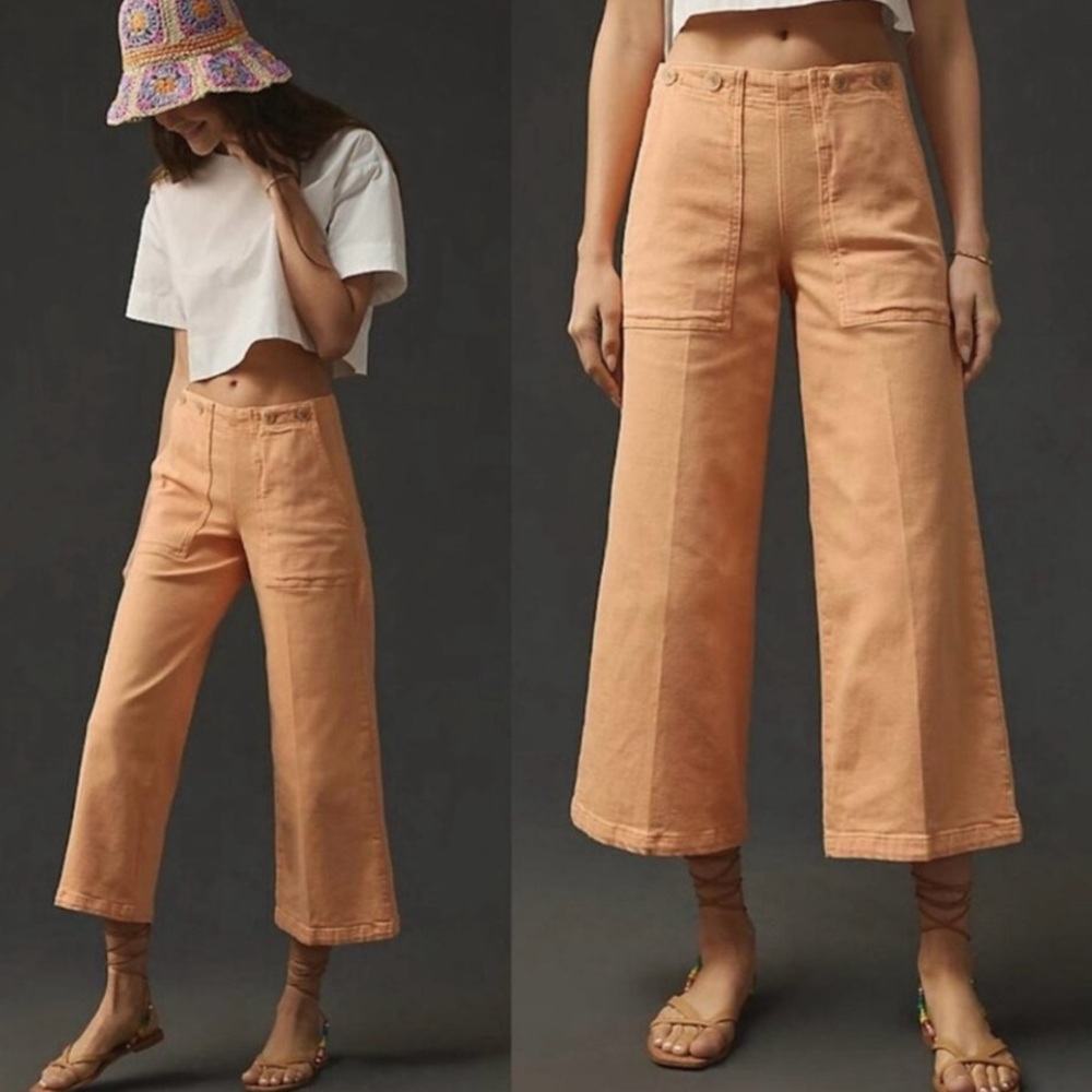 Anthropologie Pilcro Kit High Rise Wide Leg Trousers Peach Orange Cropped Sz 25